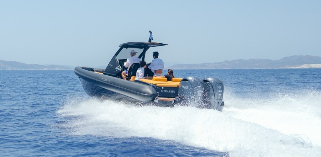 BumbleBee Technohull GT 13m – aerial view luxury boat charter from Sifnos