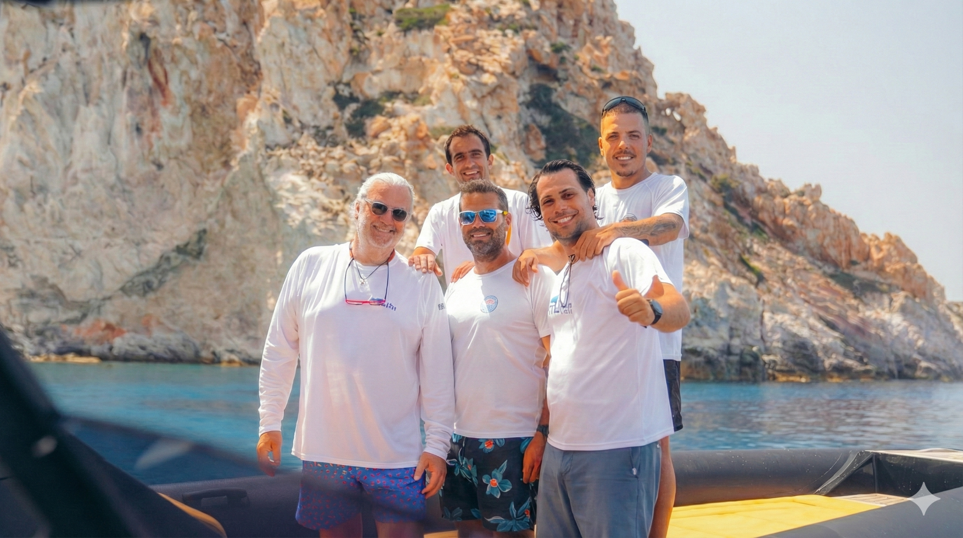 The crew of A La Mer Sifnos on a luxury RIB boat during a private tour in the Cyclades.